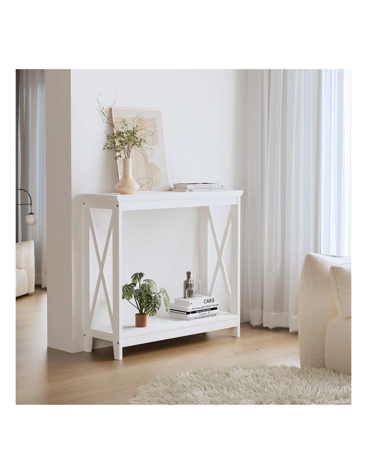 Oikiture 2-Tier Console Table X-Design Wood Sofa Table Hall Side Entry White image 4