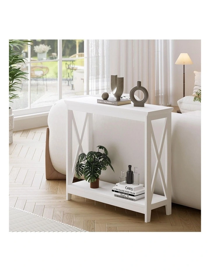 Oikiture 2-Tier Console Table X-Design Wood Sofa Table Hall Side Entry White image 7