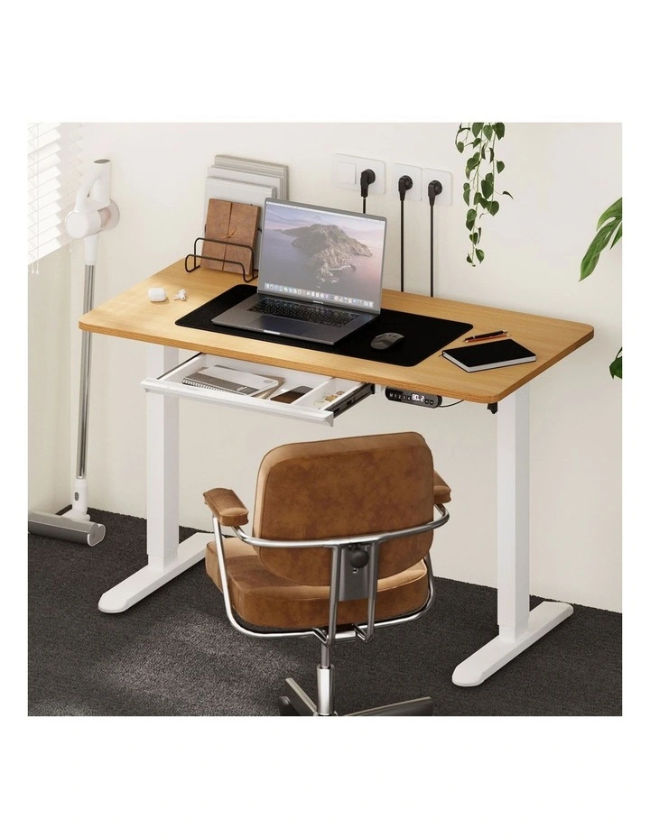 Oikiture 140cm Electric Standing Desk With Drawer Adjustable Office Table White image 4