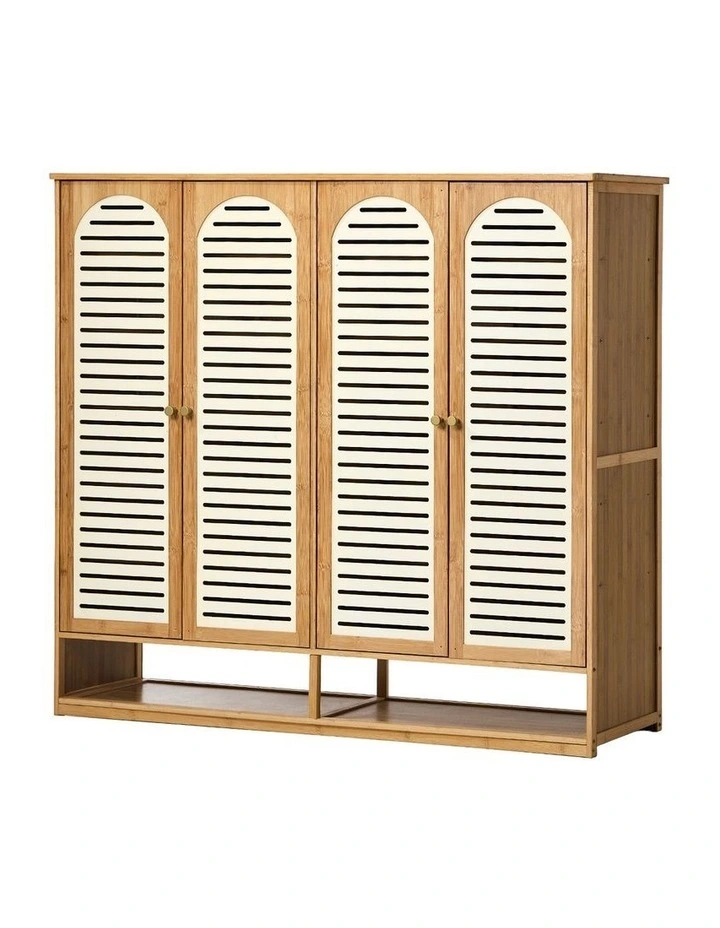 Oikiture Shoe Storage Cabinet 4 Doors Bamboo Shoe Organiser Shelf Beige image 1