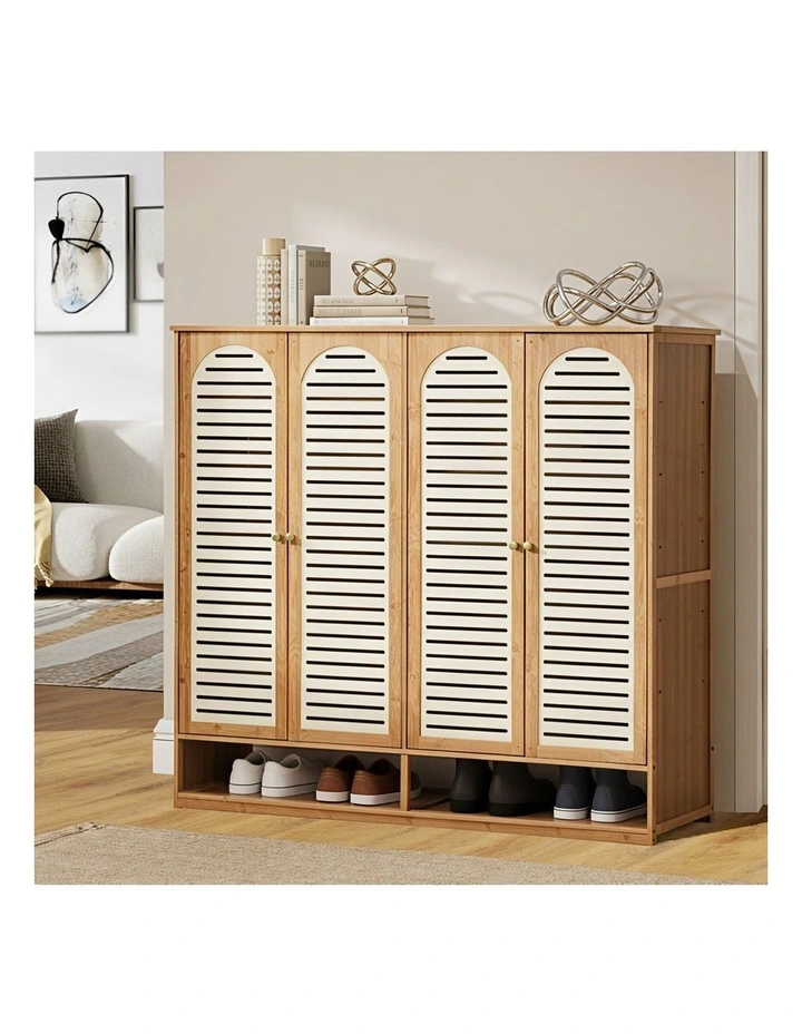 Oikiture Shoe Storage Cabinet 4 Doors Bamboo Shoe Organiser Shelf Beige image 4