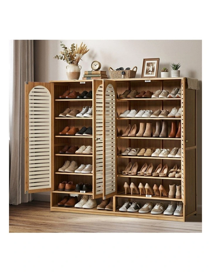 Oikiture Shoe Storage Cabinet 4 Doors Bamboo Shoe Organiser Shelf Beige image 5