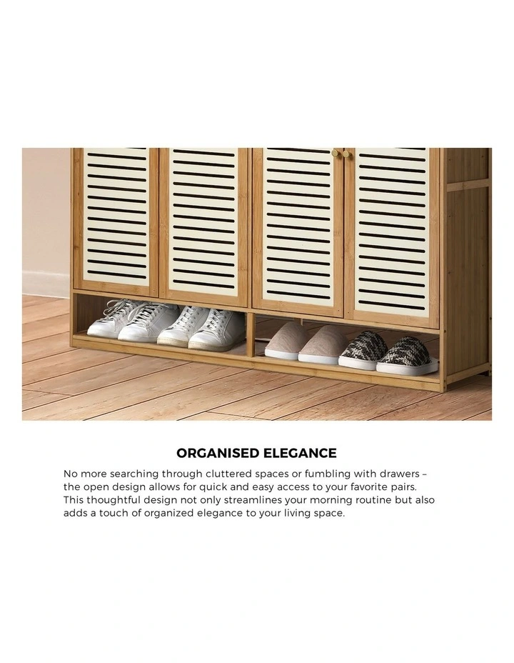 Oikiture Shoe Storage Cabinet 4 Doors Bamboo Shoe Organiser Shelf Beige image 6