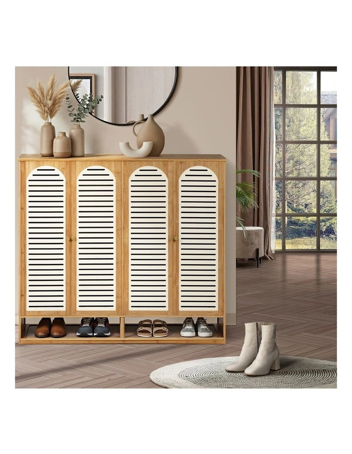 Oikiture Shoe Storage Cabinet 4 Doors Bamboo Shoe Organiser Shelf Beige image 7