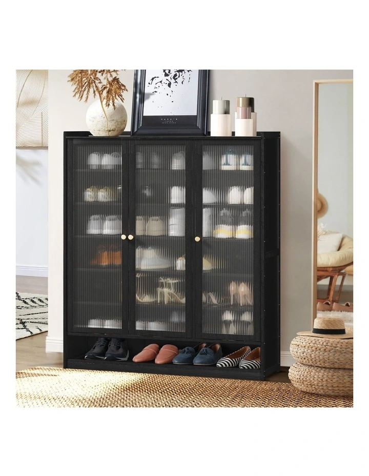 Oikiture Shoe Cabinet Shoes Storage Rack Organiser 3 Doors Shelf Black image 4