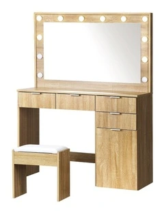 Oikiture Dressing Table Stool Set Makeup Large Mirror Dresser 12 LED Bulbs Oak