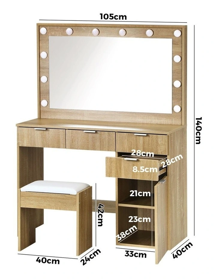Oikiture Dressing Table Stool Set Makeup Large Mirror Dresser 12 LED Bulbs Oak image 3