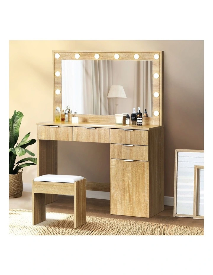 Oikiture Dressing Table Stool Set Makeup Large Mirror Dresser 12 LED Bulbs Oak image 4