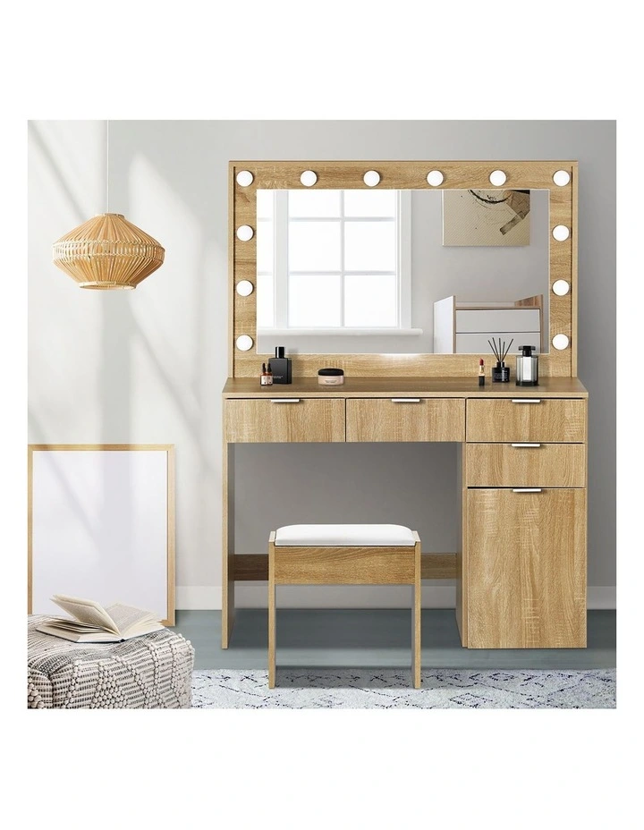 Oikiture Dressing Table Stool Set Makeup Large Mirror Dresser 12 LED Bulbs Oak image 5
