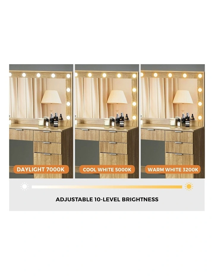 Oikiture Dressing Table Stool Set Makeup Large Mirror Dresser 12 LED Bulbs Oak image 6