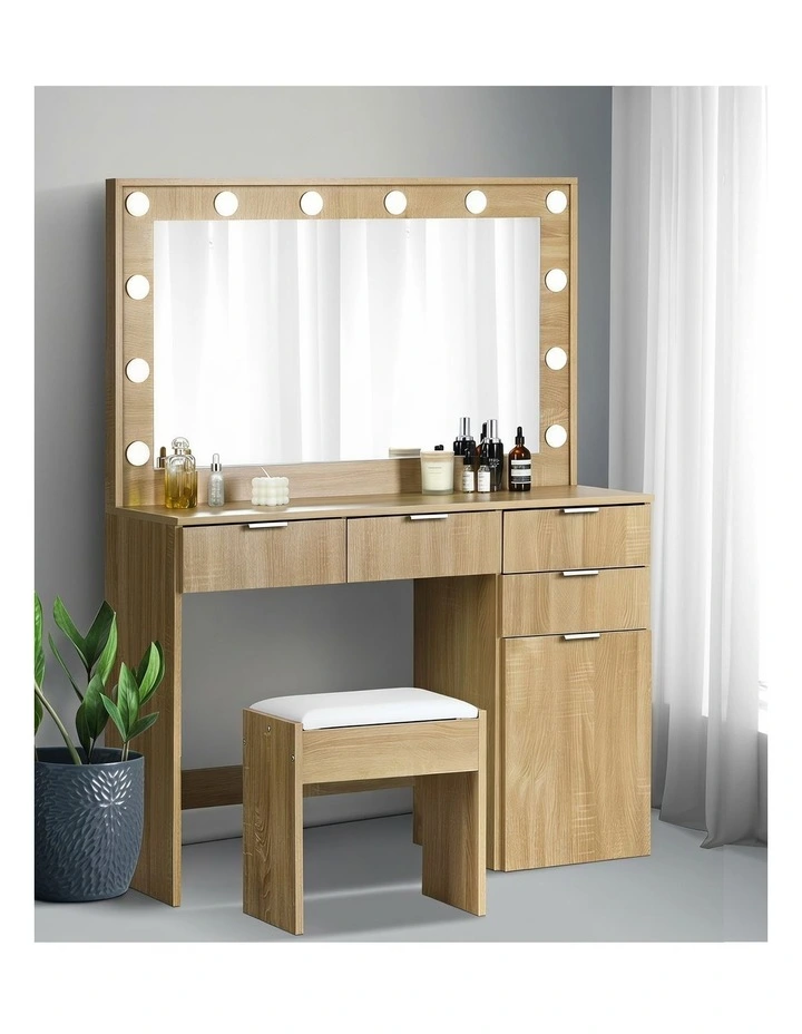 Oikiture Dressing Table Stool Set Makeup Large Mirror Dresser 12 LED Bulbs Oak image 7