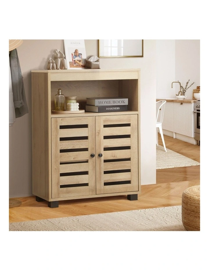Oikiture Buffet Sideboard Storage Cabinet Slatted Doors Natural image 5