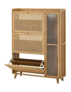 Oikiture Bamboo Shoe Storage Cabinet 3 Compartments Rack Single Door Natural