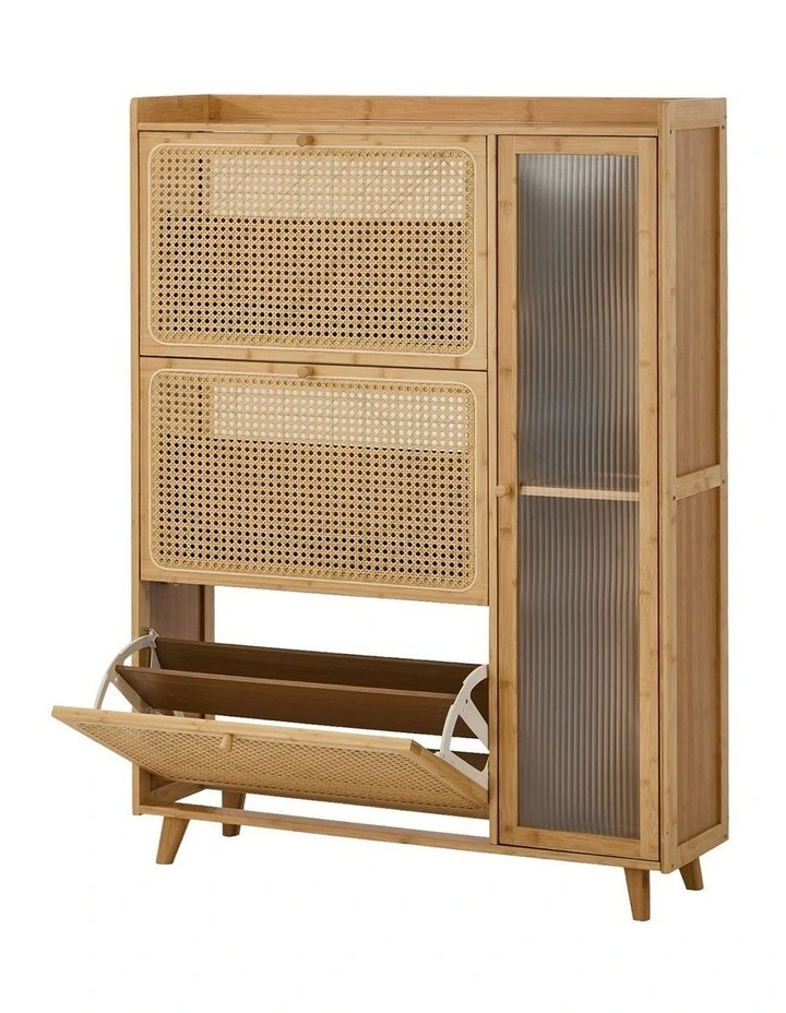 Oikiture Bamboo Shoe Storage Cabinet 3 Compartments Rack Single Door Natural image 1