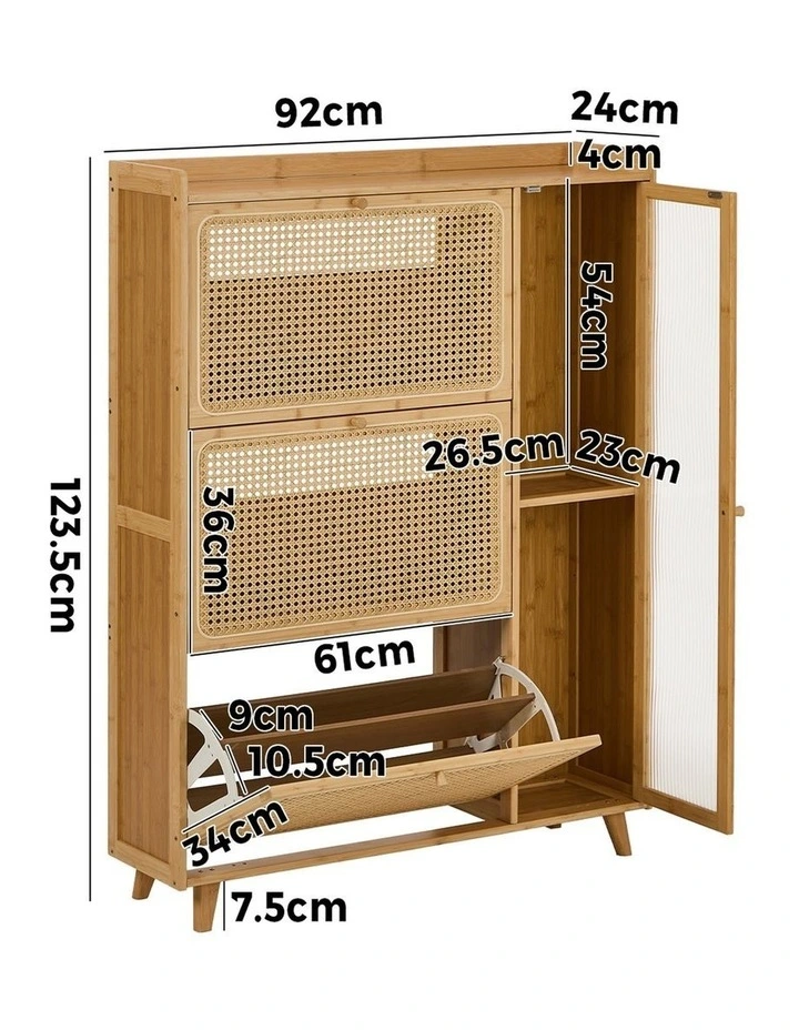 Oikiture Bamboo Shoe Storage Cabinet 3 Compartments Rack Single Door Natural image 3