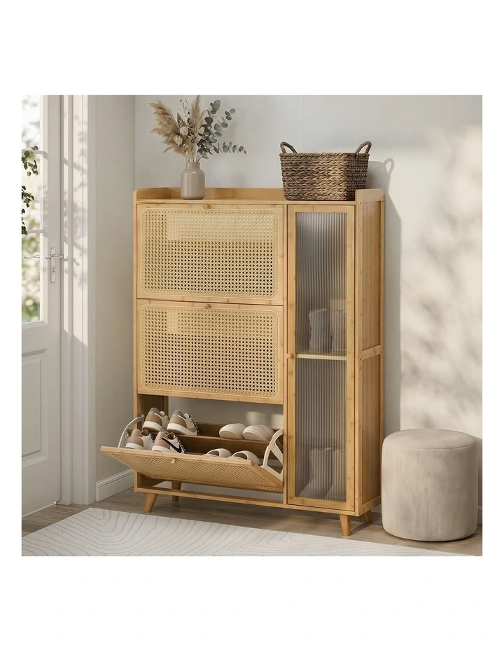Oikiture Bamboo Shoe Storage Cabinet 3 Compartments Rack Single Door Natural image 4