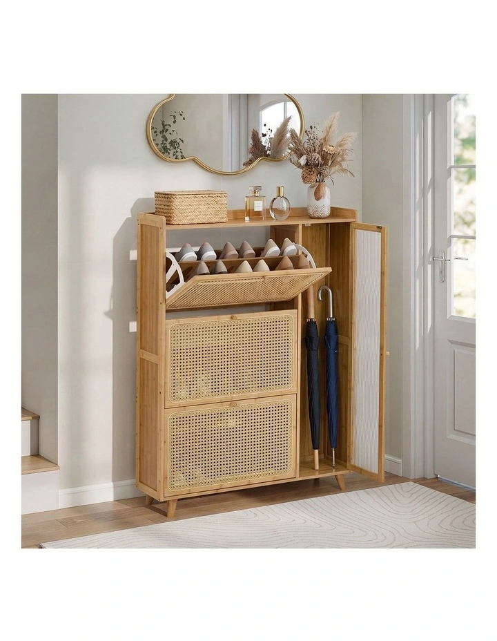 Oikiture Bamboo Shoe Storage Cabinet 3 Compartments Rack Single Door Natural image 5