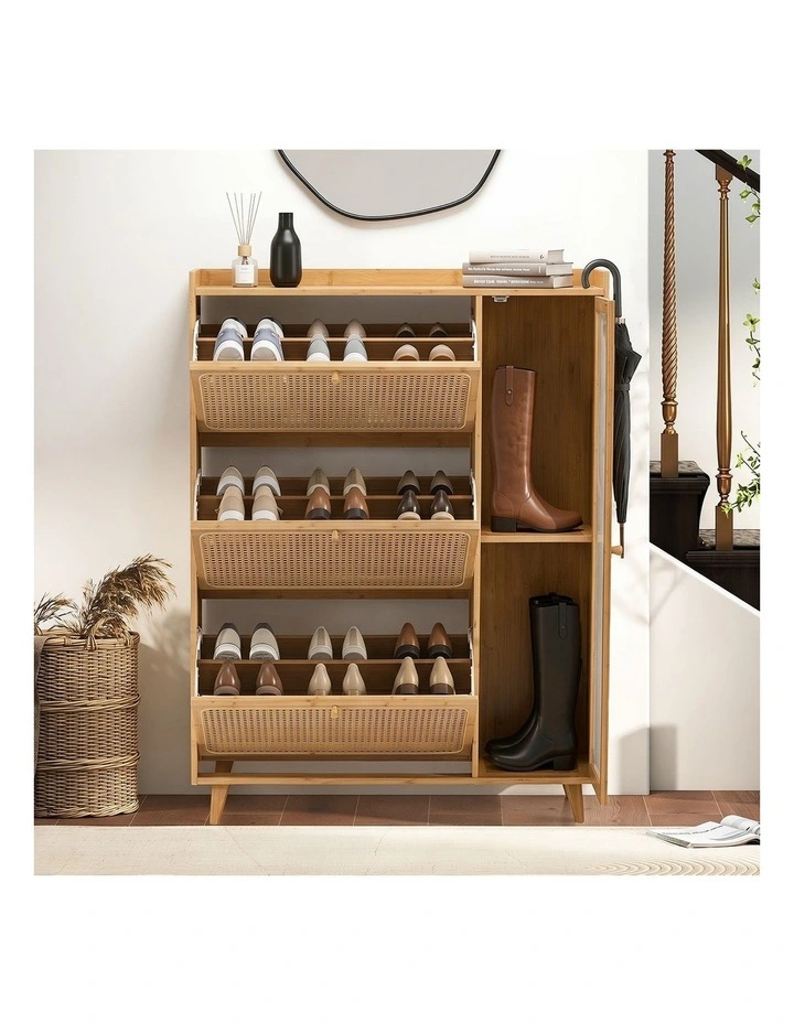 Oikiture Bamboo Shoe Storage Cabinet 3 Compartments Rack Single Door Natural image 6