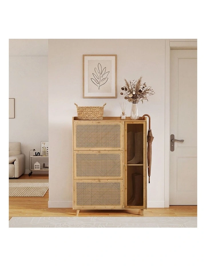 Oikiture Bamboo Shoe Storage Cabinet 3 Compartments Rack Single Door Natural image 7