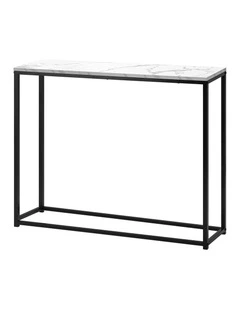 Oikiture Console Table Marble-look Iron Hallway Desk Entry Display Black&White