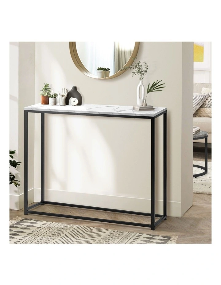 Oikiture Console Table Marble-look Iron Hallway Desk Entry Display Black&White image 4