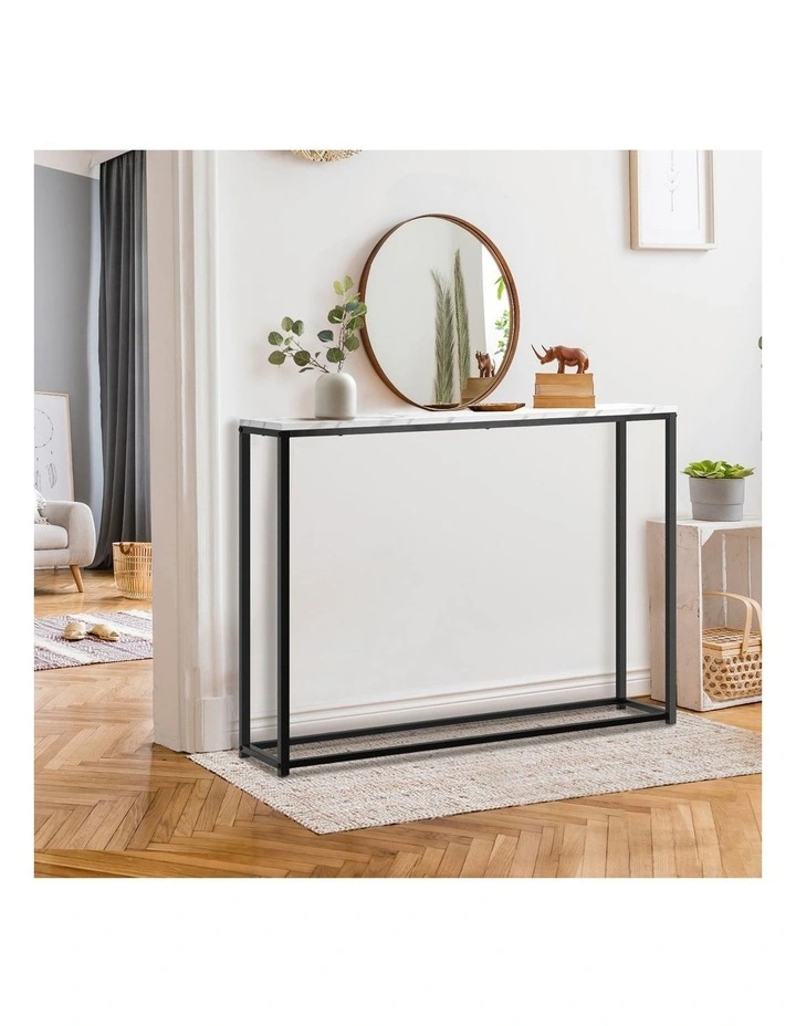 Oikiture Console Table Marble-look Iron Hallway Desk Entry Display Black&White image 5