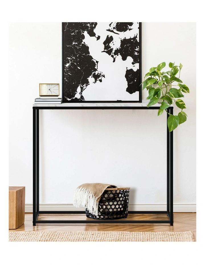 Oikiture Console Table Marble-look Iron Hallway Desk Entry Display Black&White image 7