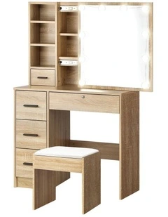Oikiture Dressing Table Stool Set Makeup Slide Mirror Drawer 10 LED Bulbs Wooden