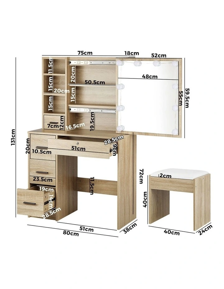 Oikiture Dressing Table Stool Set Makeup Slide Mirror Drawer 10 LED Bulbs Wooden image 3
