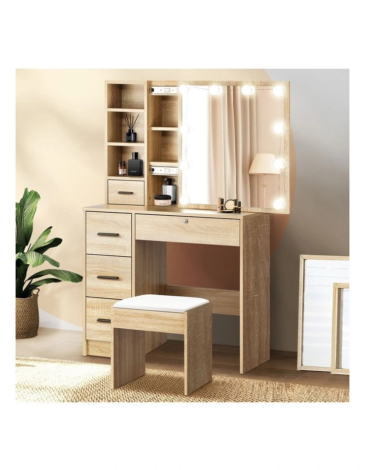 Oikiture Dressing Table Stool Set Makeup Slide Mirror Drawer 10 LED Bulbs Wooden image 4