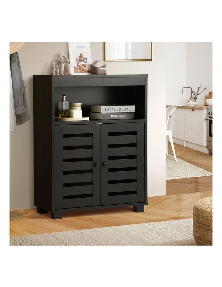 Oikiture Buffet Sideboard Storage Cabinet Slatted Doors Black image 5
