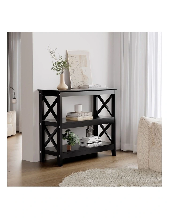 Oikiture 3-Tier Console Table X-Design Wood Sofa Table Hall Side Entry Black image 4