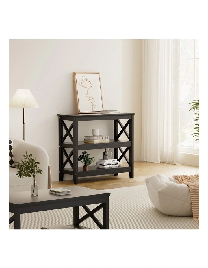 Oikiture 3-Tier Console Table X-Design Wood Sofa Table Hall Side Entry Black image 5