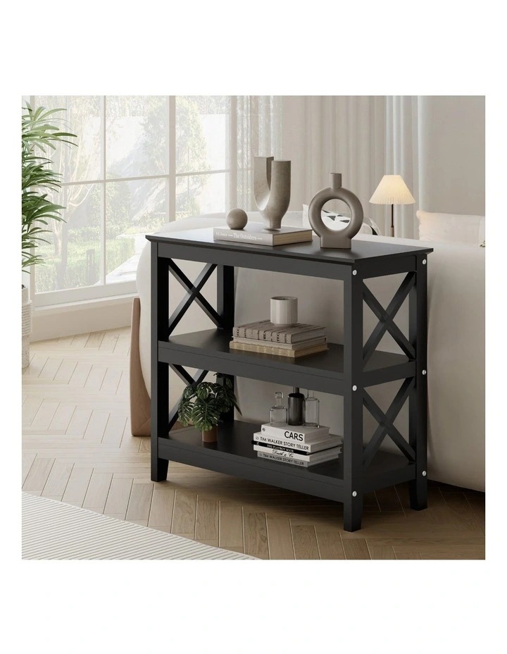 Oikiture 3-Tier Console Table X-Design Wood Sofa Table Hall Side Entry Black image 7
