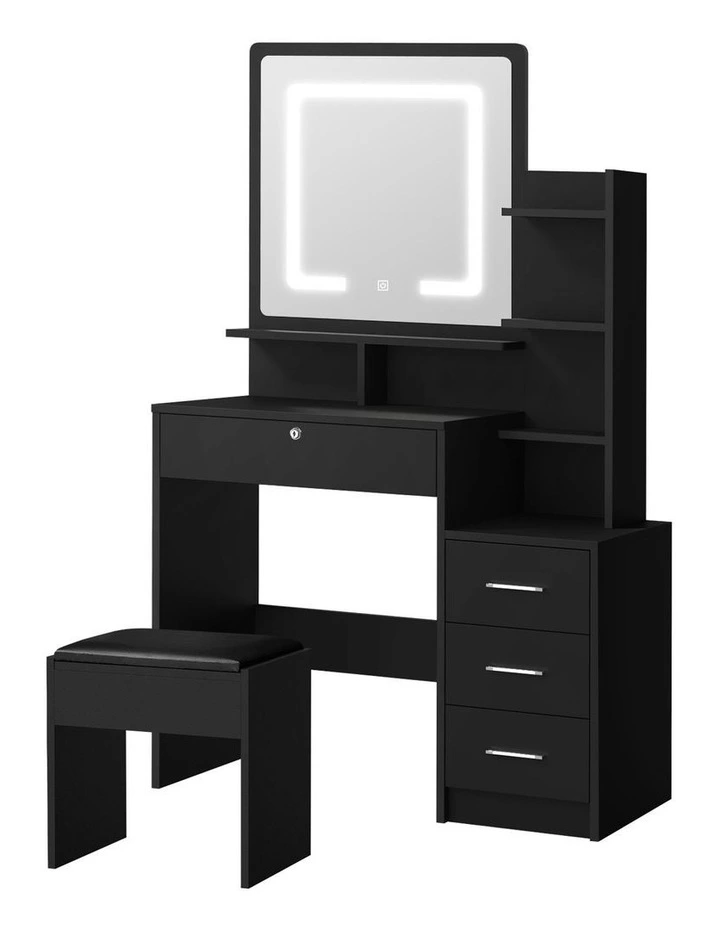 Oikiture Dressing Table Stool Set Makeup Mirror LED Light Storage Cabinet Black image 1
