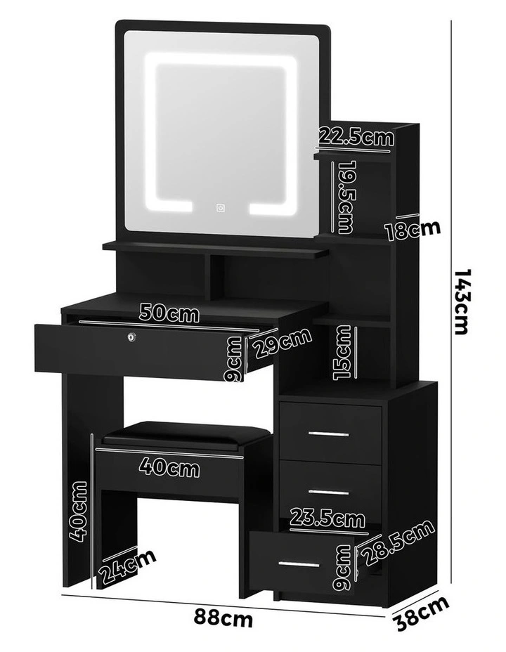 Oikiture Dressing Table Stool Set Makeup Mirror LED Light Storage Cabinet Black image 3