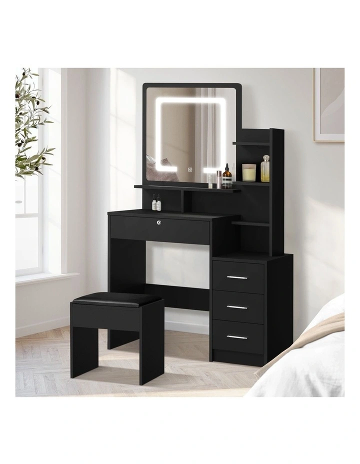 Oikiture Dressing Table Stool Set Makeup Mirror LED Light Storage Cabinet Black image 4