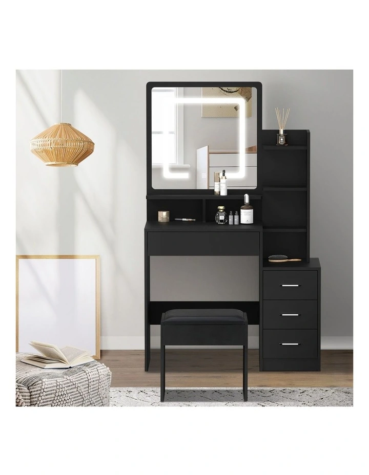 Oikiture Dressing Table Stool Set Makeup Mirror LED Light Storage Cabinet Black image 5