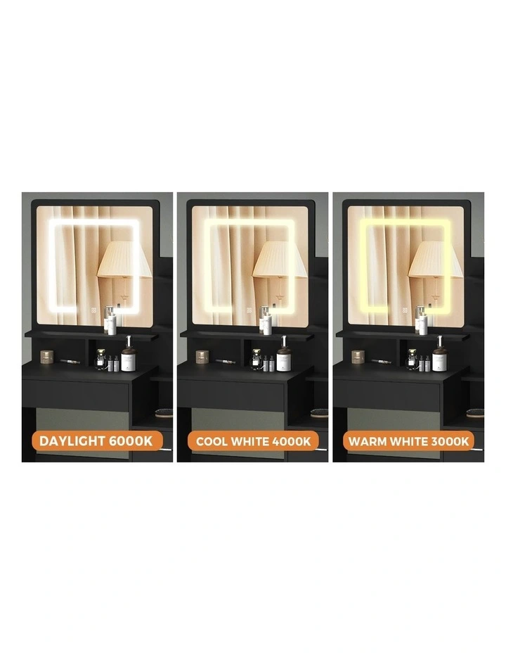 Oikiture Dressing Table Stool Set Makeup Mirror LED Light Storage Cabinet Black image 6