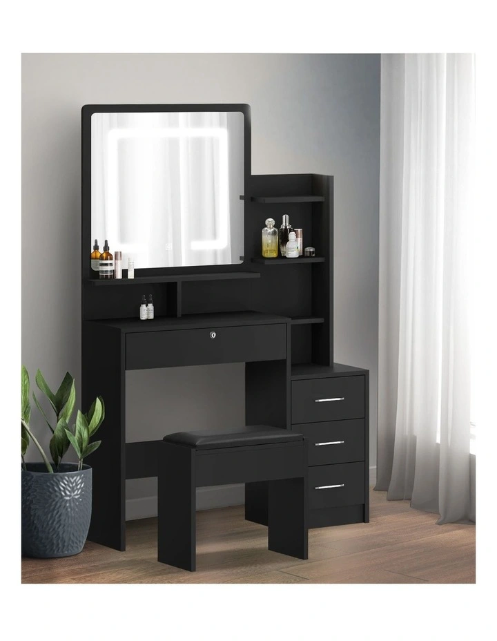Oikiture Dressing Table Stool Set Makeup Mirror LED Light Storage Cabinet Black image 7