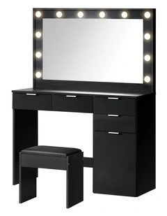 Oikiture Dressing Table Stool Set Makeup Large Mirror Dresser 12 LED Bulbs Black