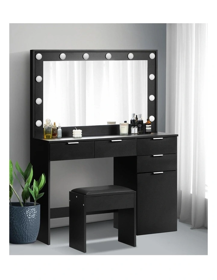 Oikiture Dressing Table Stool Set Makeup Large Mirror Dresser 12 LED Bulbs Black image 7