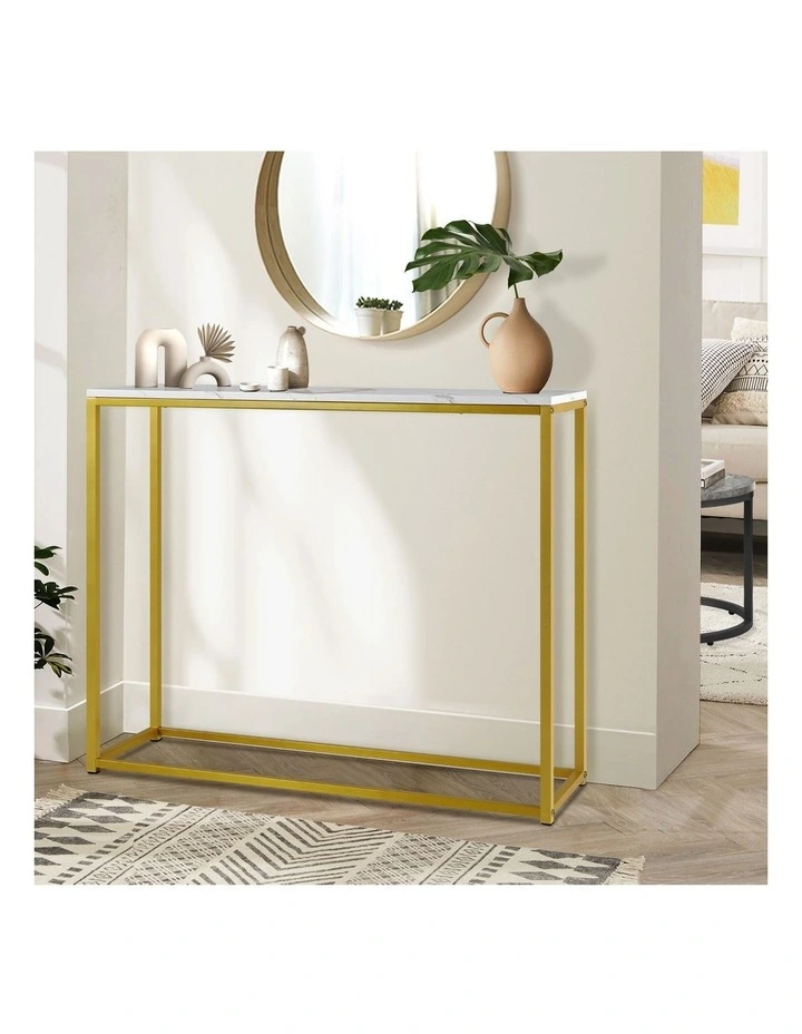 Oikiture Console Table Marble-look Iron Hallway Desk Entry Display Gold&White image 4