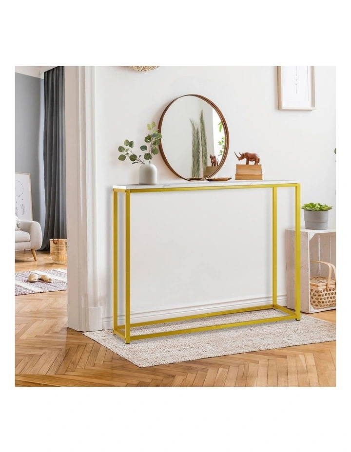 Oikiture Console Table Marble-look Iron Hallway Desk Entry Display Gold&White image 5