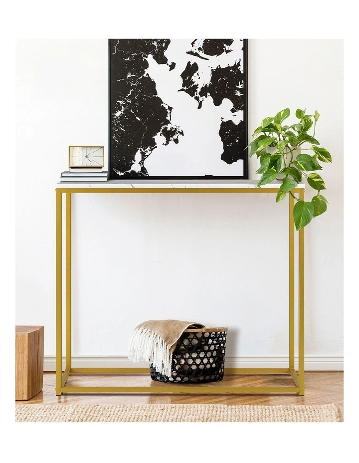 Oikiture Console Table Marble-look Iron Hallway Desk Entry Display Gold&White image 7