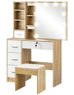 Oikiture Dressing Table Stool Set Slide Mirror Drawer 10 LED Bulbs Natural White