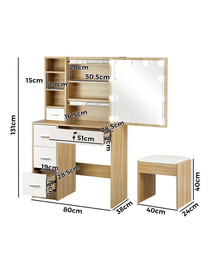 Oikiture Dressing Table Stool Set Slide Mirror Drawer 10 LED Bulbs Natural White image 3