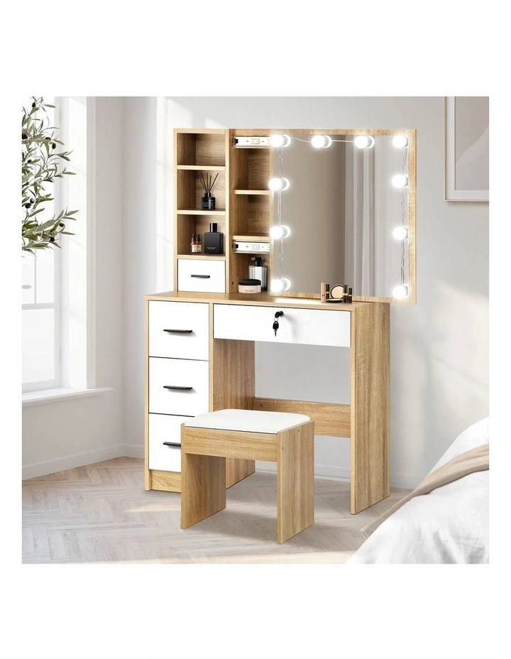 Oikiture Dressing Table Stool Set Slide Mirror Drawer 10 LED Bulbs Natural White image 4