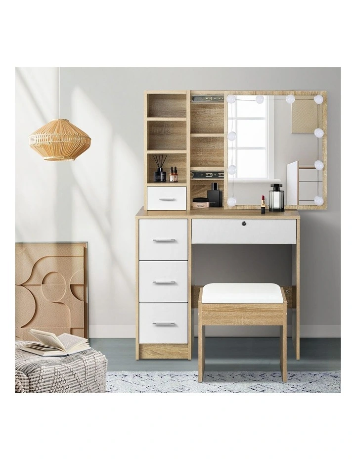 Oikiture Dressing Table Stool Set Slide Mirror Drawer 10 LED Bulbs Natural White image 5
