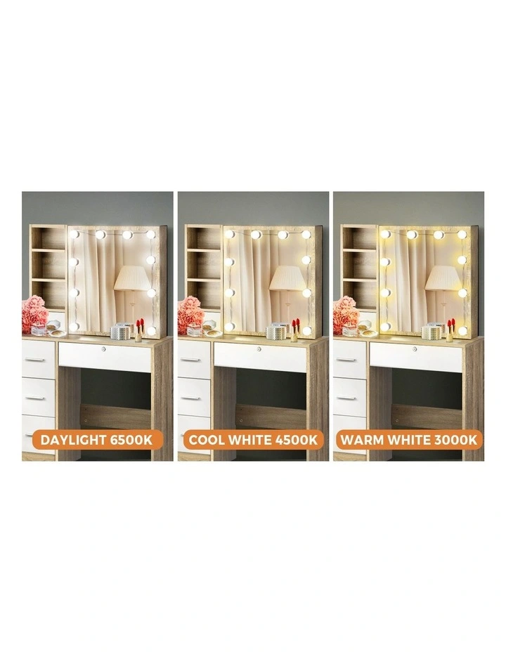 Oikiture Dressing Table Stool Set Slide Mirror Drawer 10 LED Bulbs Natural White image 6